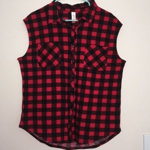 Sleeveless Button Down Plaid Shirt